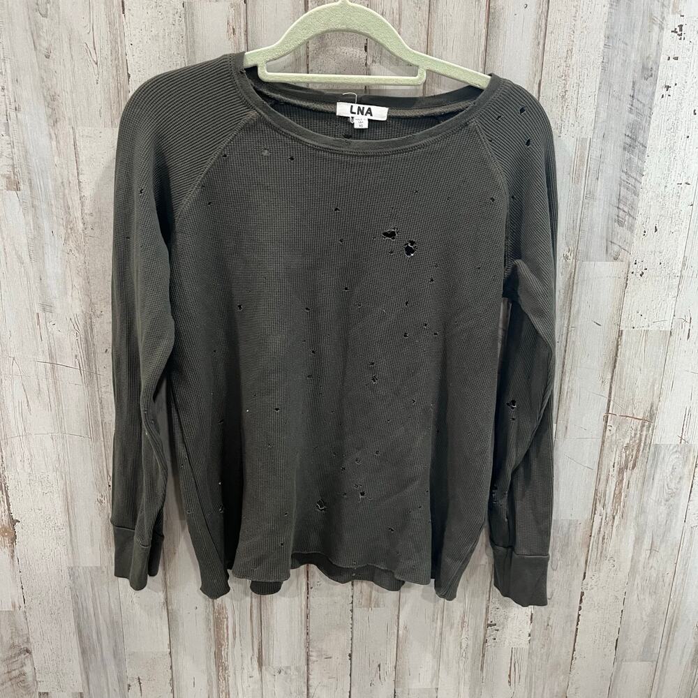 LNA Green Thermal Waffle Knit Distressed Holey Long Sleeve Shirt Womens XS